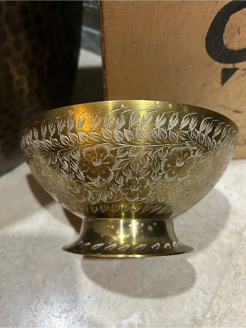 Vintage Brass pedestal Bowl with an Etched Floral Design